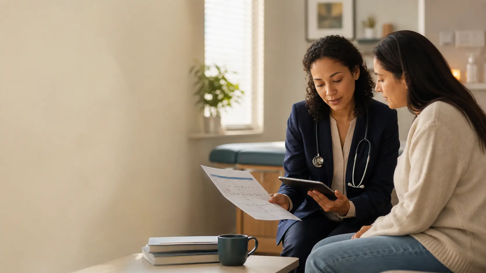 A clinician and patient seated together, reviewing a health history in a calm consultation room.